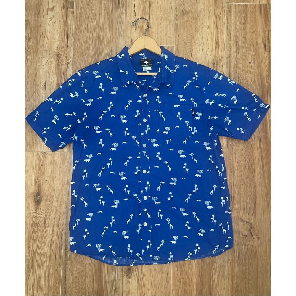 LRG Lifted Research Group Men's SS Button Up Medium Rhinos Giraffes Safari